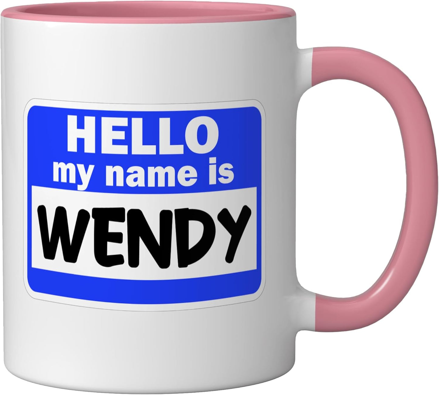 Taza de cerámica con nombre Wendy en nametag rosa y blanco