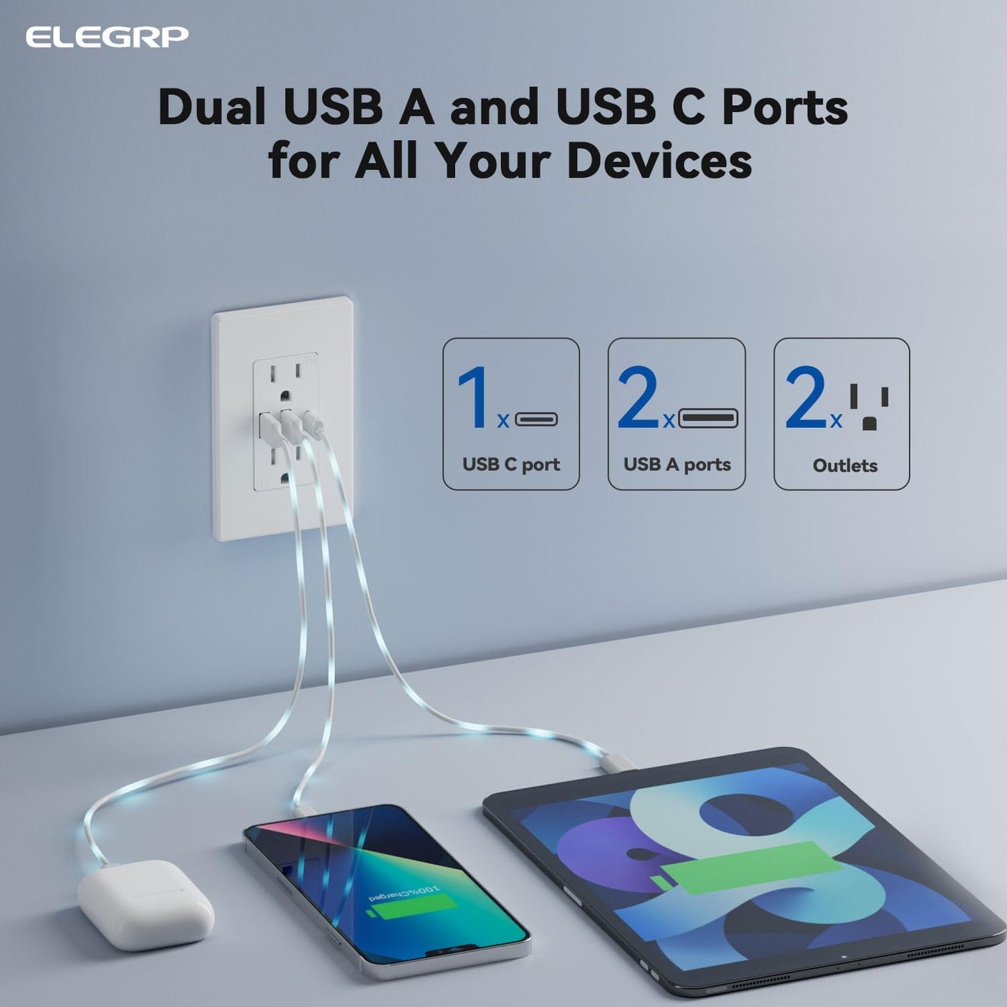 Tomacorrientes USB pared 3 puertos 30W 6A cert UL