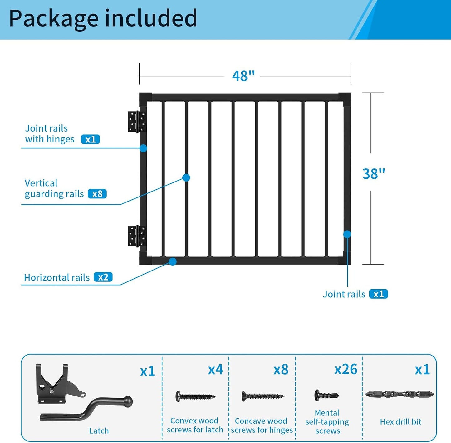 Puerta barandilla cubierta 36x48pulg seguridad pestillo negro