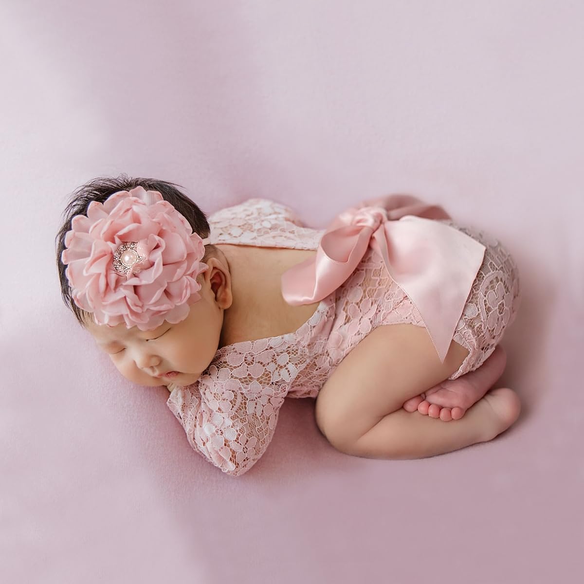 Mameluco encaje bebé niña con diadema flores rosa