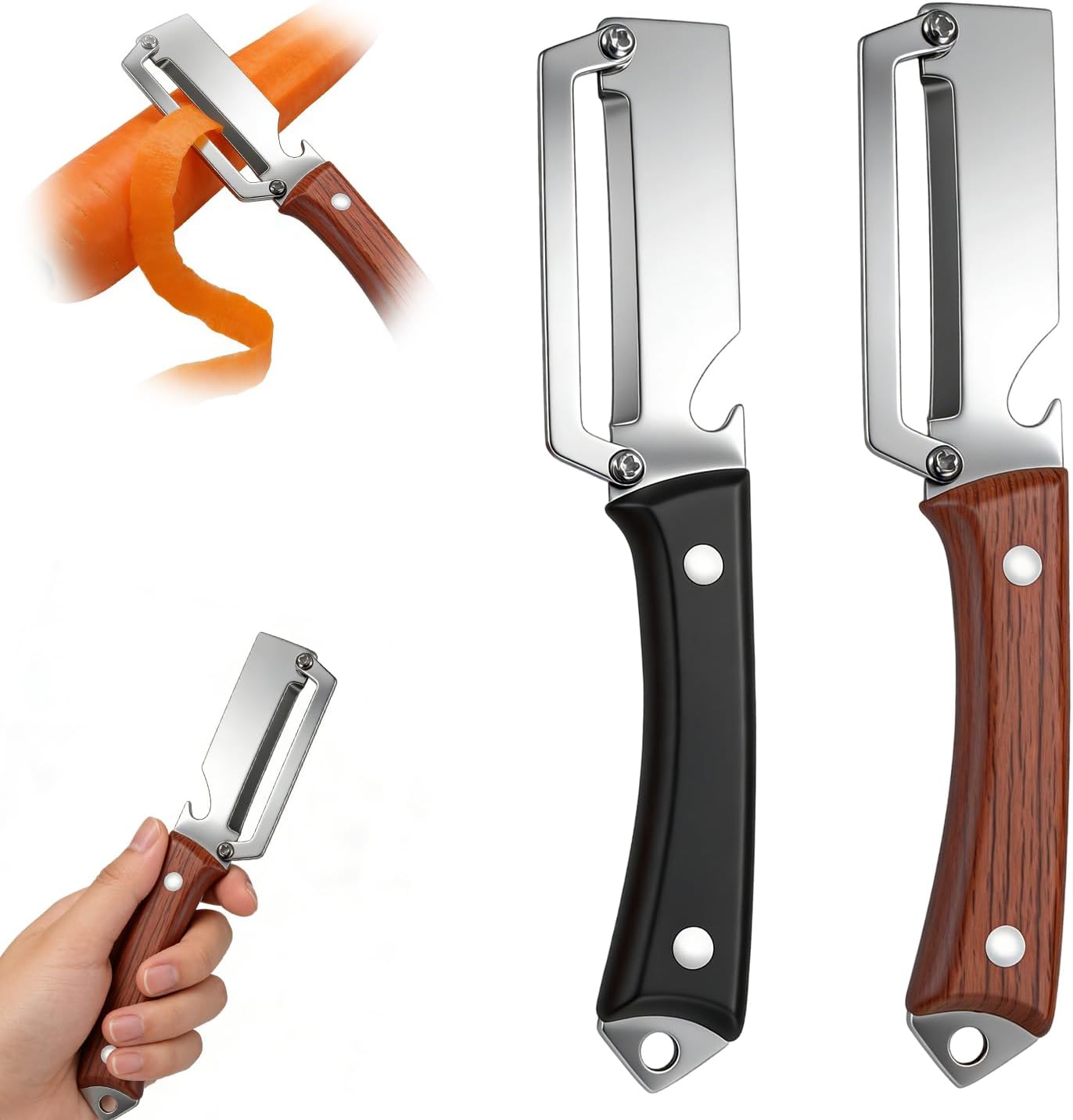 Pelador multifuncional acero inox mango madera y abridor botellas