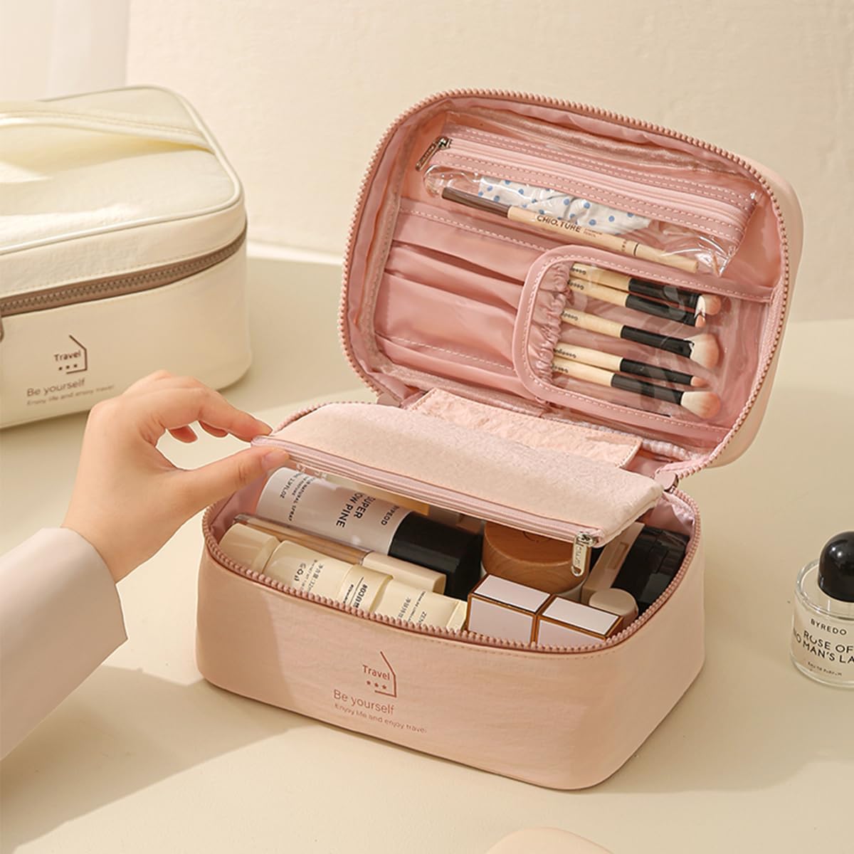 Bolsa maquillaje viaje con doble cremallera rosa ligera