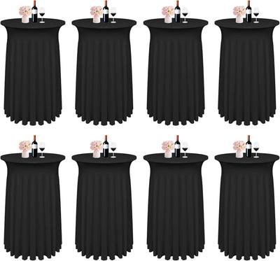 Paquete de 8 faldones redondos para mesa de cóctel negros con cortinas onduladas