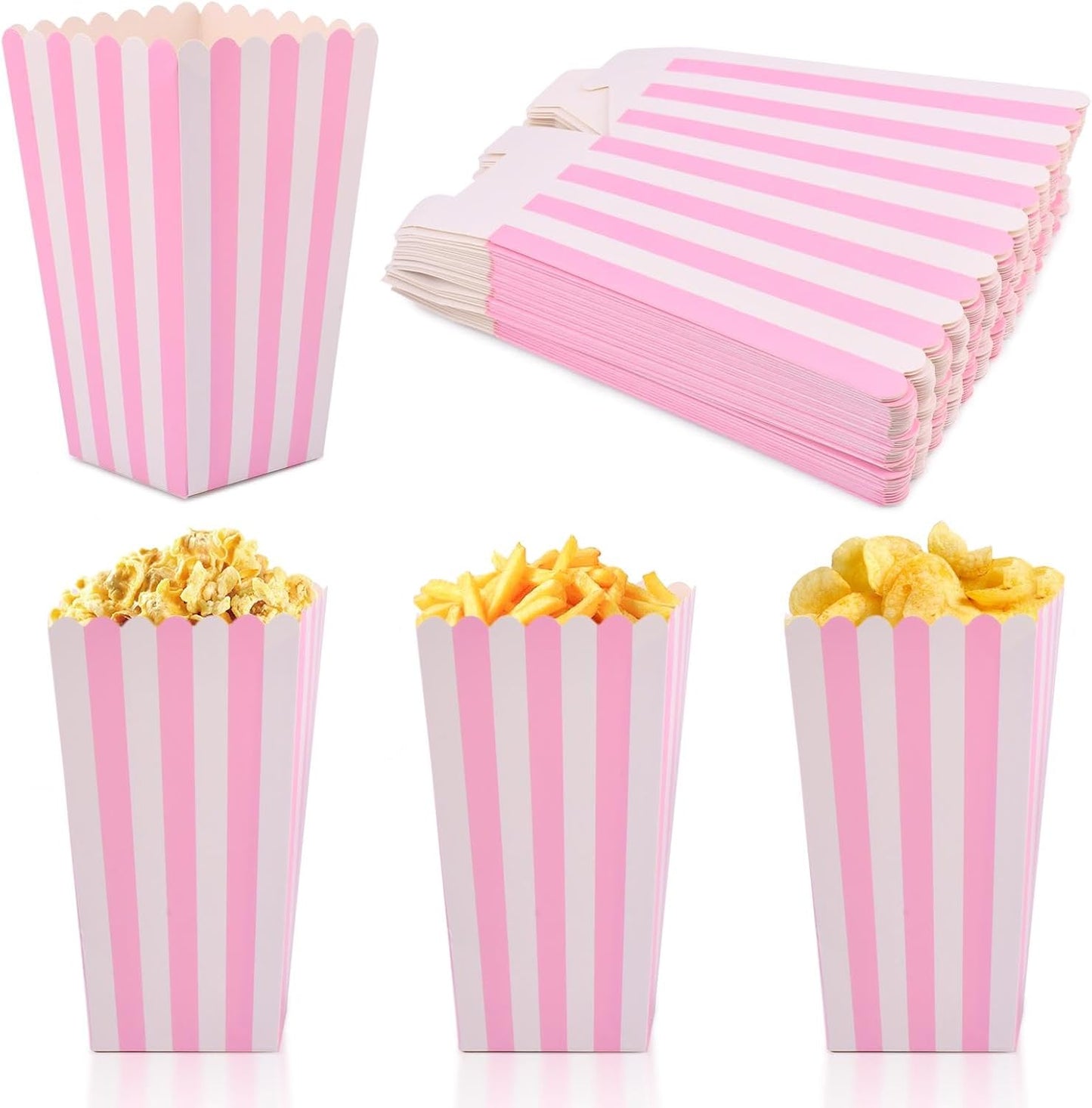 Cajas de papel para palomitas de maíz con bolsas a rayas blancas tamaño L