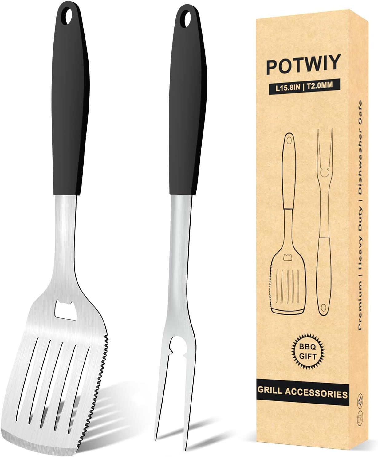 Set 2 herramientas parrilla acero inox 15.8pulg espátula tenedor
