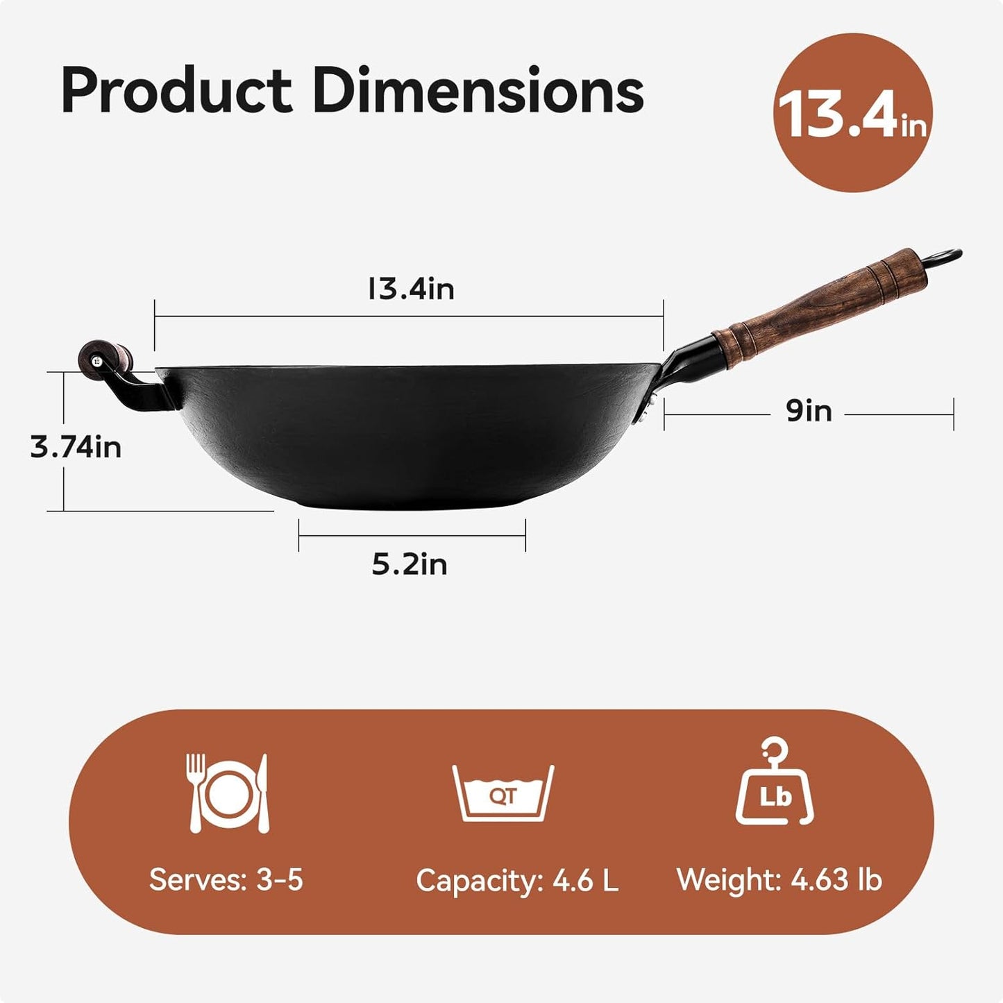 Espátula de wok de acero al carbono con gancho antideslizante, wok de hierro fundido 13.4" para salteado chino