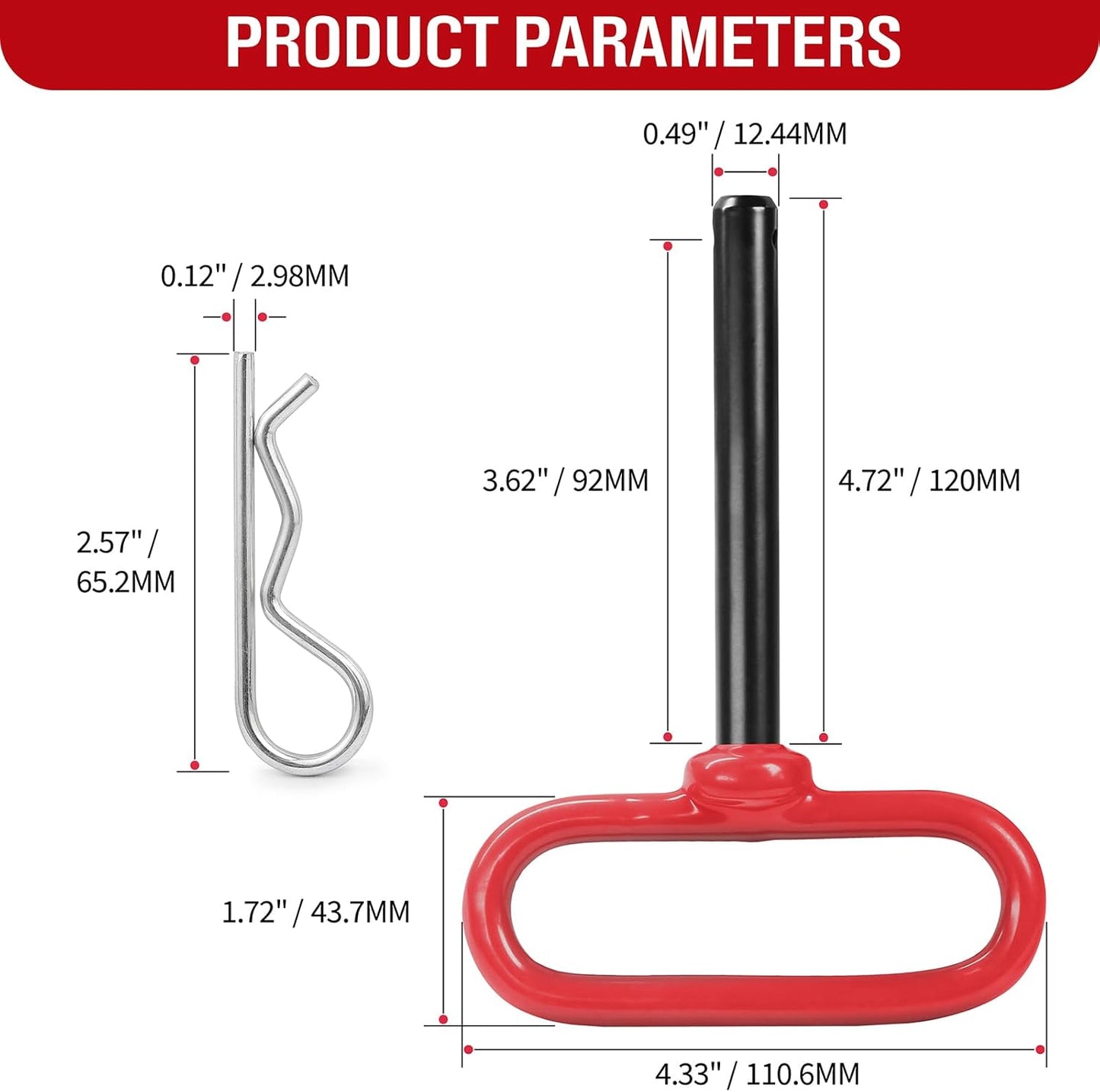 Pasador enganche tractor 1/2x3-5/8 pulg con pin R rojo