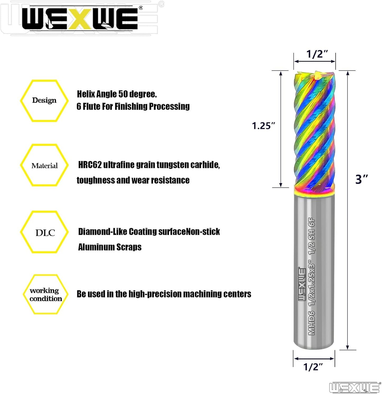 Fresa carburo 6 flautas DLC aluminio cobre 1/2 vástago