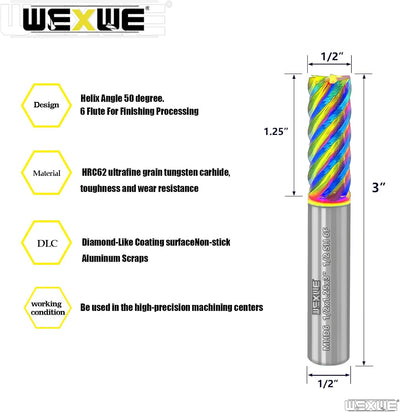 Fresa carburo 6 flautas DLC aluminio cobre 1/2 vástago