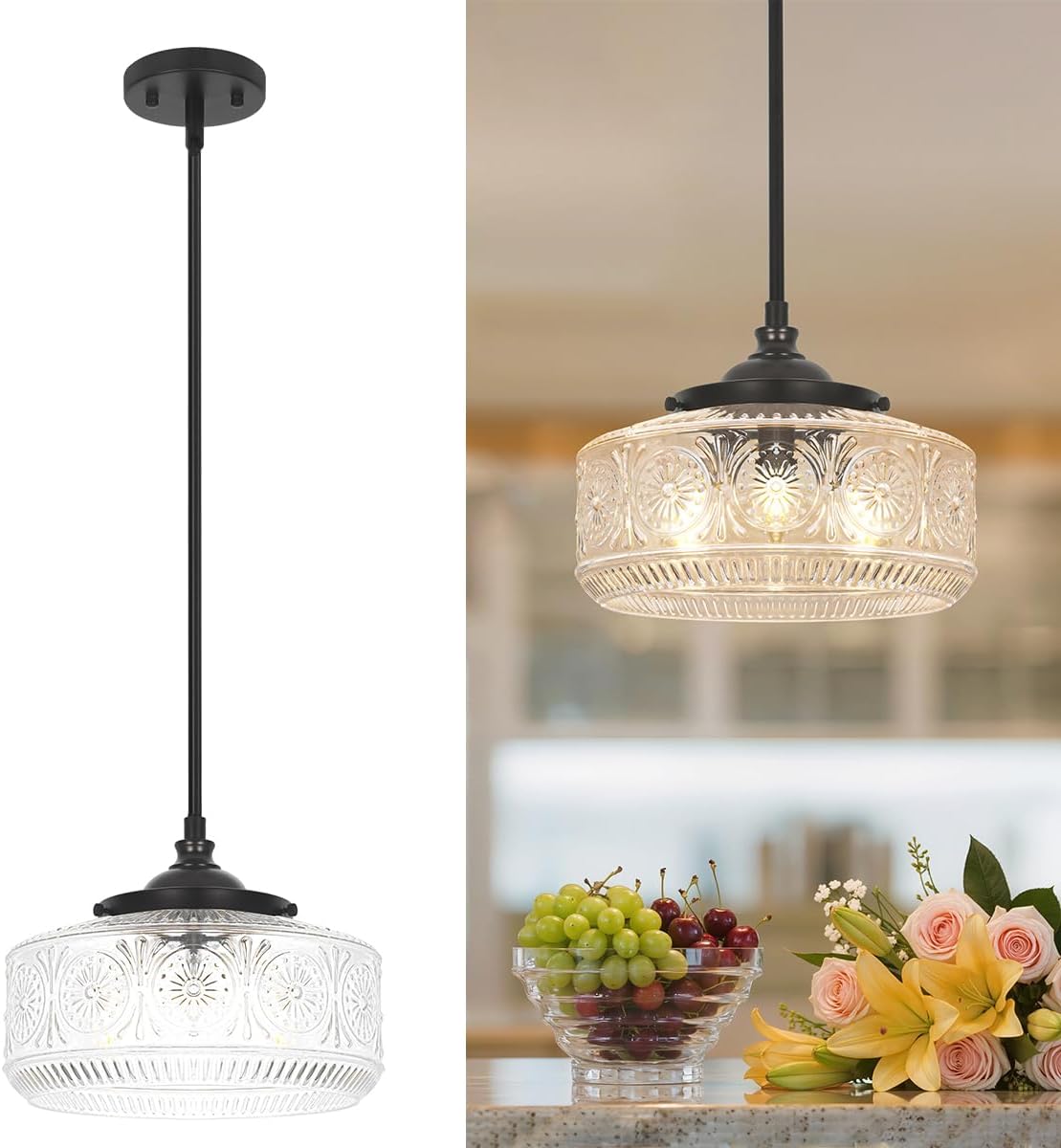 Lámpara colgante 3 luces pantalla cristal grabado cocina comedor