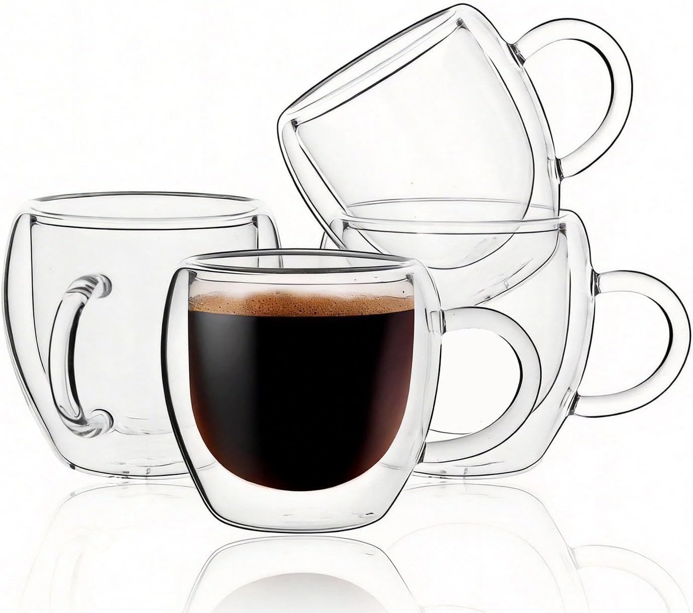 Juego de 4 tazas de espresso transparentes con asa y aislamiento doble