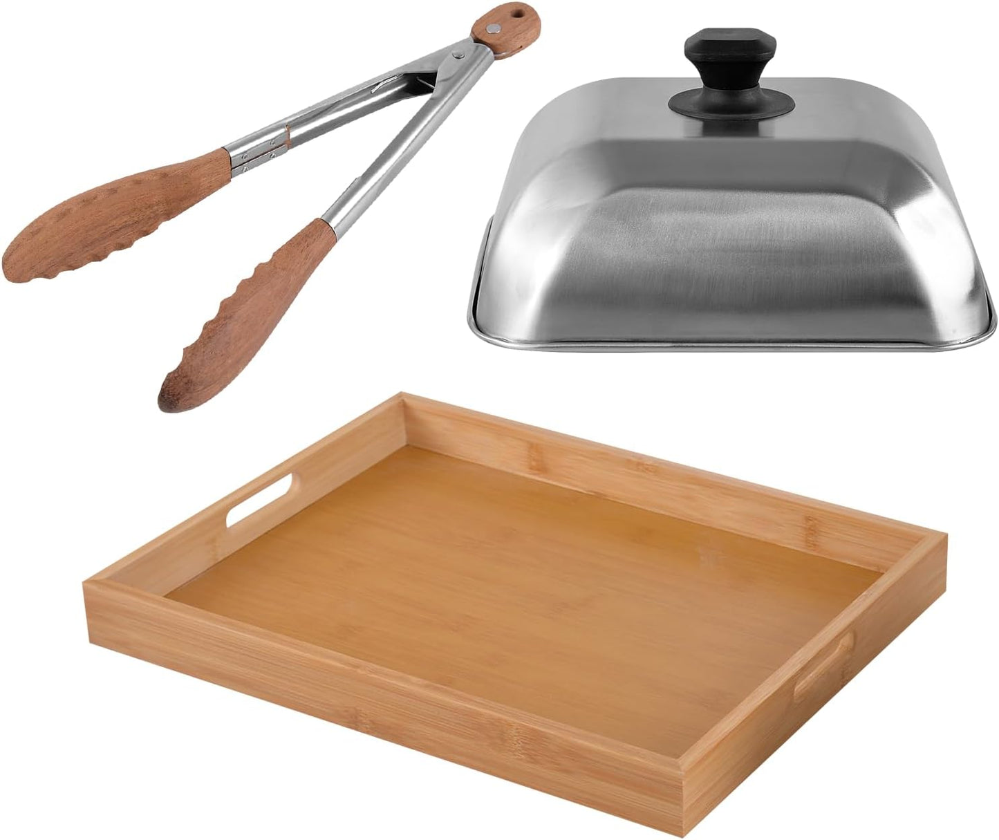 Accesorios cocina 3en1 pinzas madera bandeja acero inox