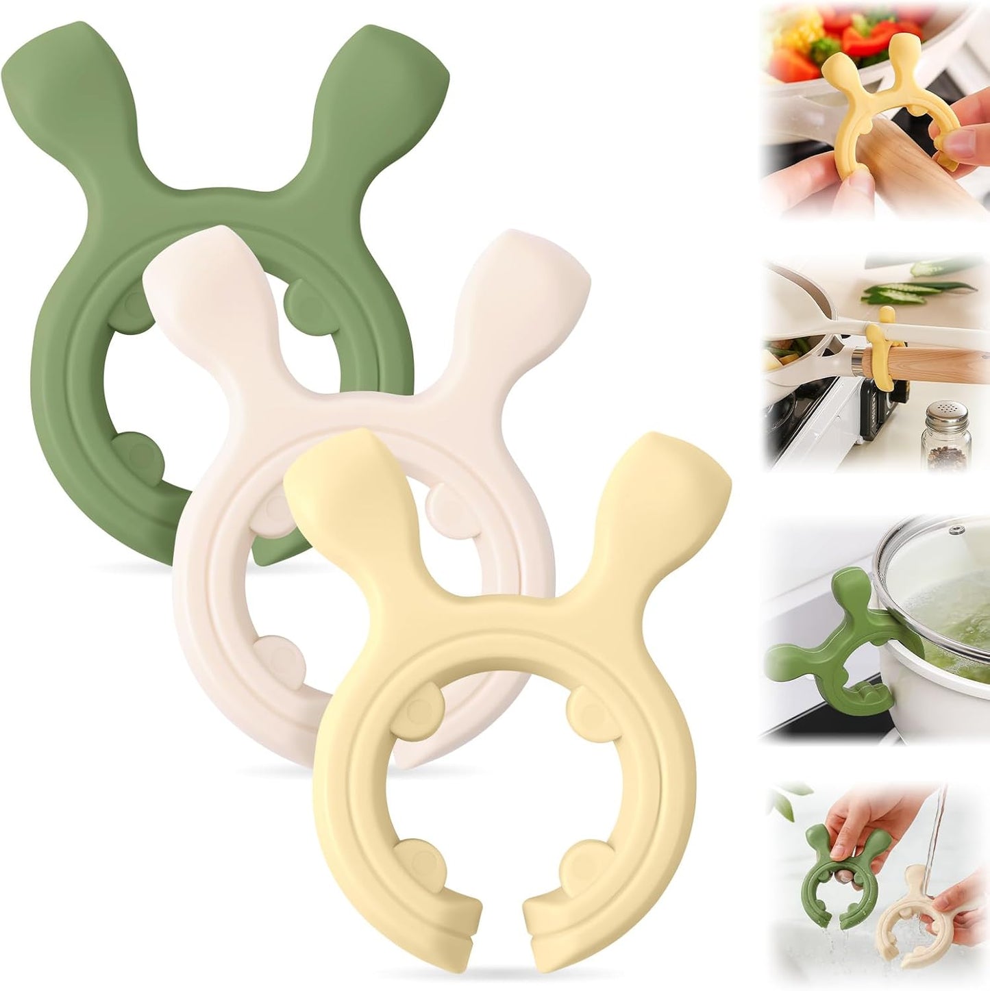 Estante multifunción de silicona para espátula paquete de 3 soportes mini utensilios cocina clip antideslizante sin goteo blanco verde amarillo