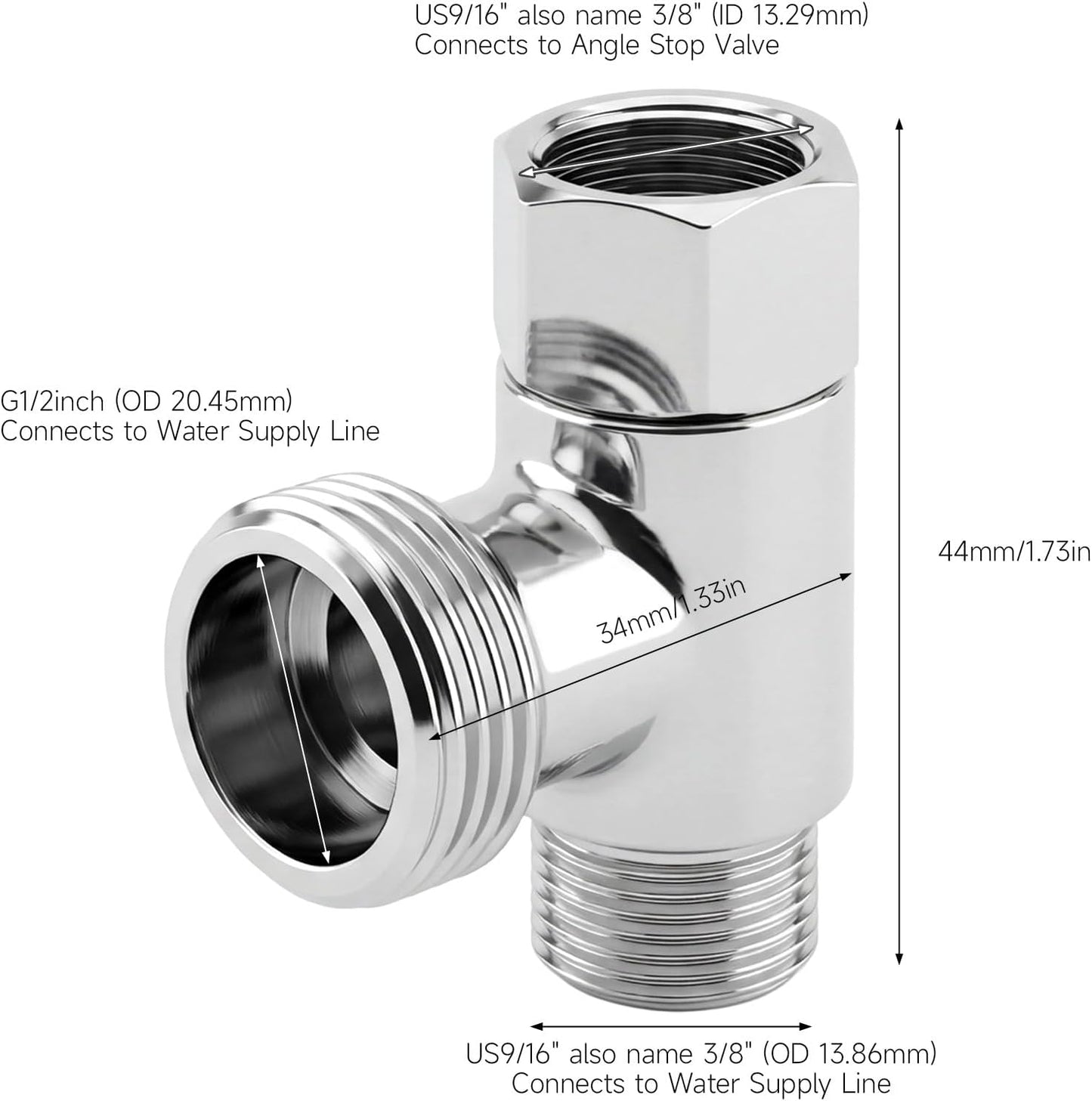 Conector T latón 3/8 y 1/2 pulgadas para manguera bidé
