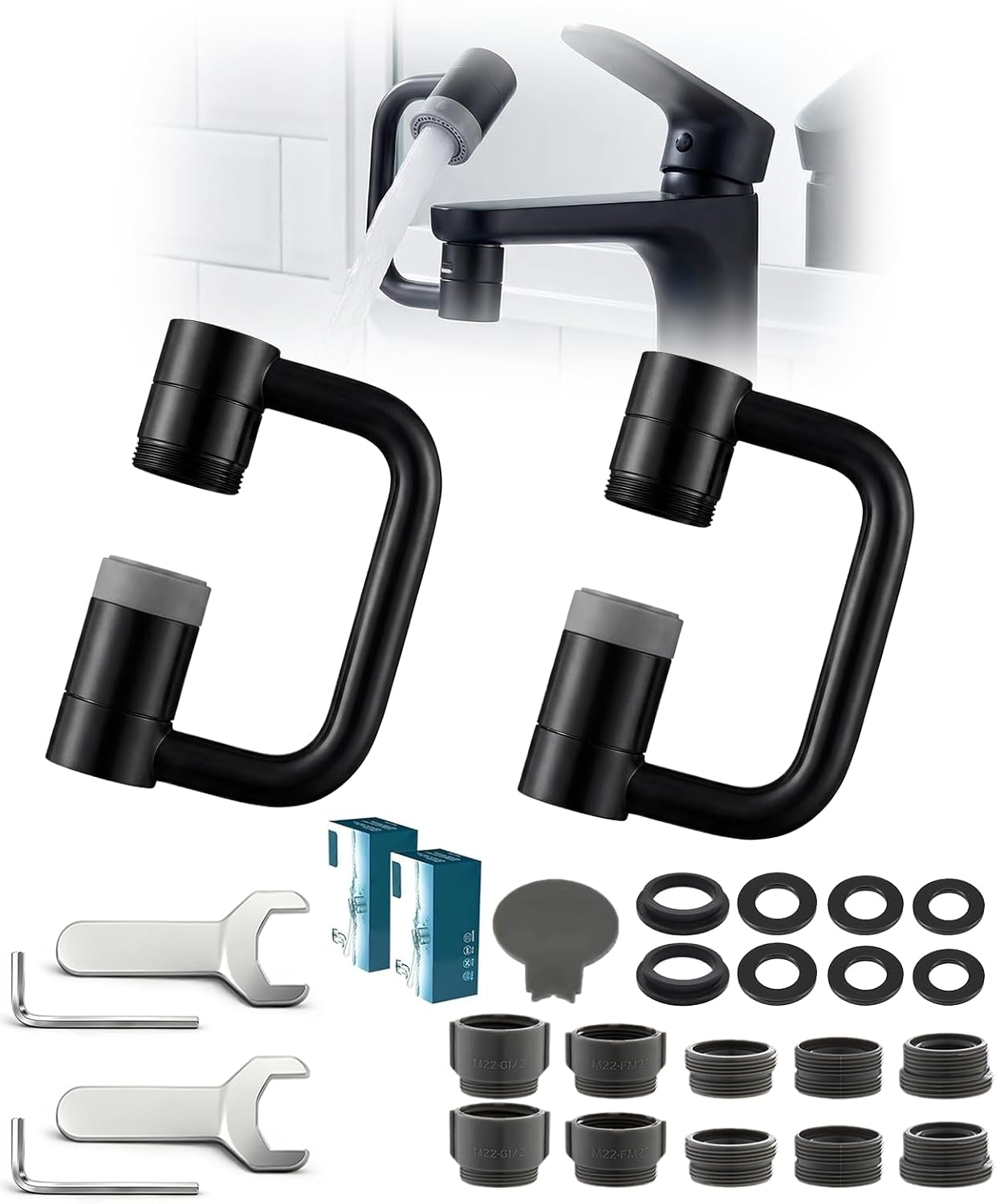 2 Extensiones Aireador Grifo Giratorio 1440° Universal Negro