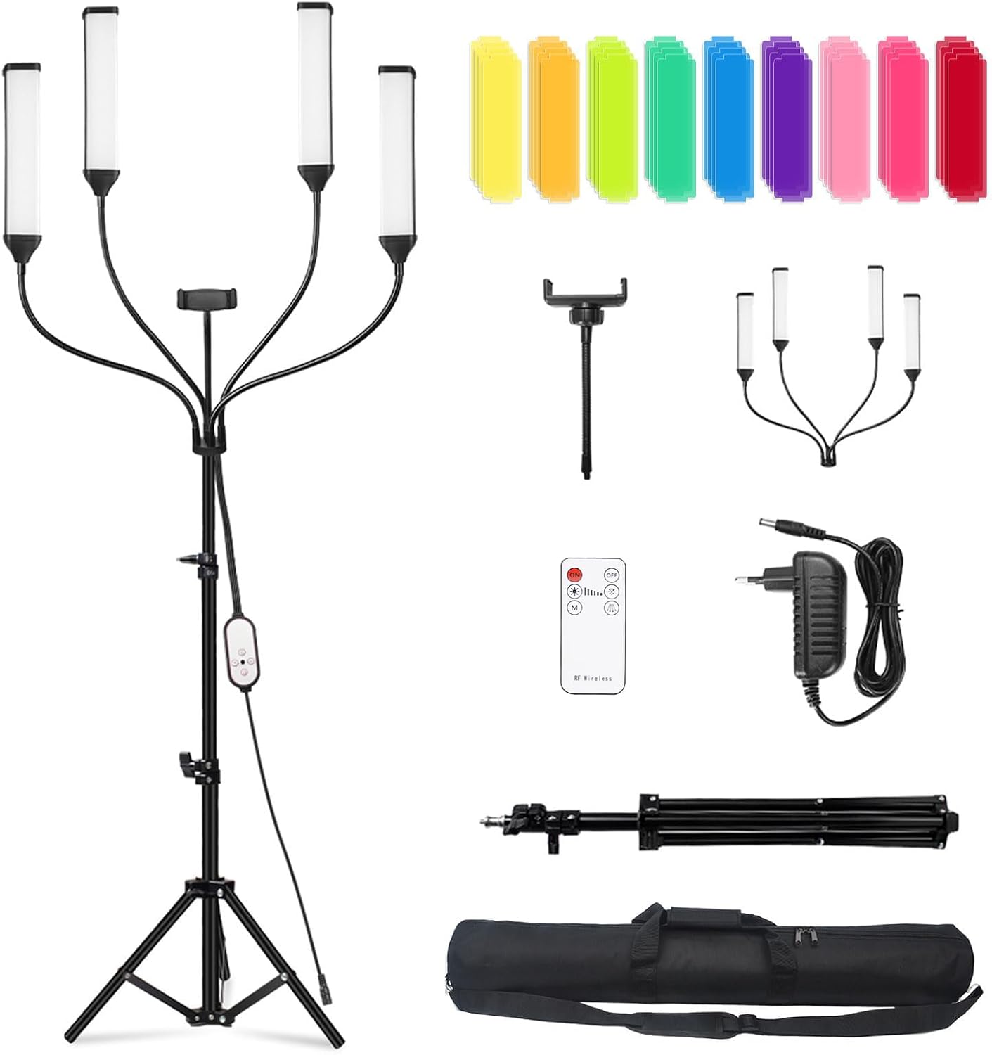 Kit luz LED 4 brazos estudio con 36 filtros color
