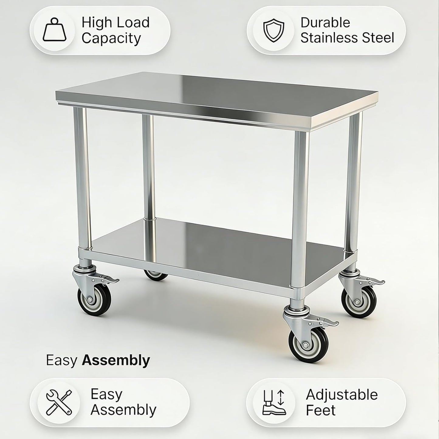Mesa de acero inoxidable con ruedas 24x48 pulgadas resistente