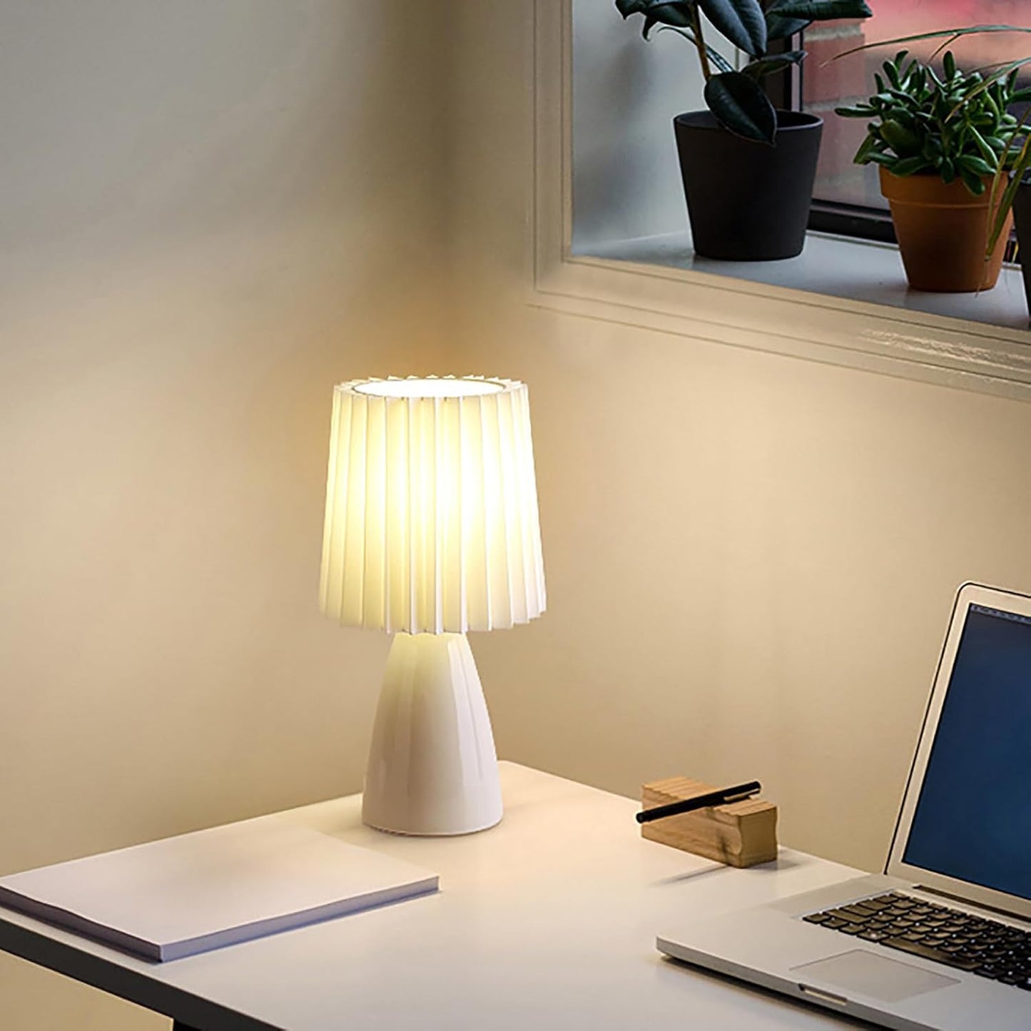 Lámpara nocturna cerámica tela plisada luz LED ajustable
