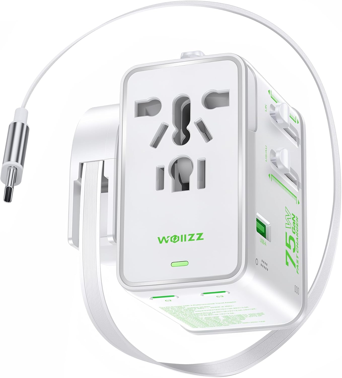 Adaptador viaje universal 75W 5 puertos con cable retráctil 27pulg