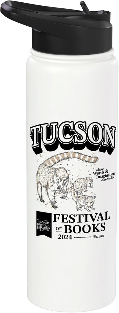 Botella de agua acero inoxidable aislada con mascota Coatimundi