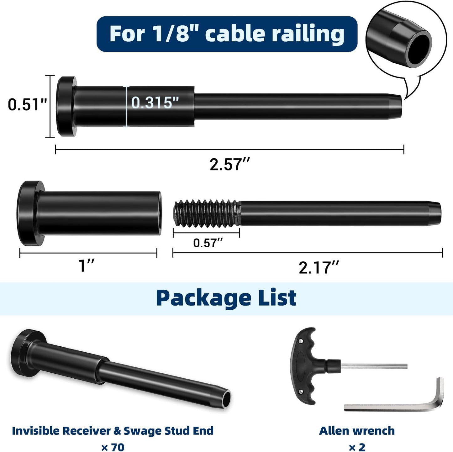 70 Pack Cable Railing Kit T316 Acero Inox 1/8"