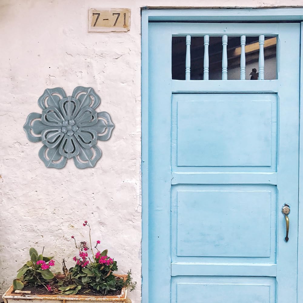 Arte de Pared Metal Azul Floral Grande para Interiores