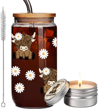 Taza de vidrio Highland Cow 16 oz con tapa y paja, 2 piezas