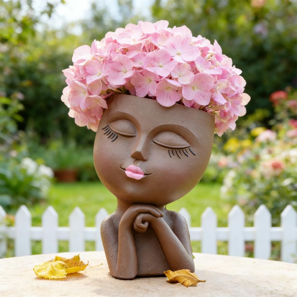 Maceta cara con florero estatua succulenta drenaje