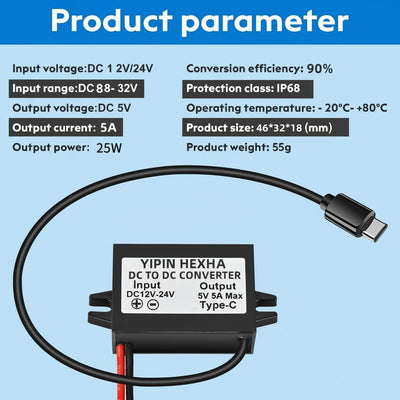 Convertidor DC 12/24V a USB C 5A 25W Impermeable Set 2