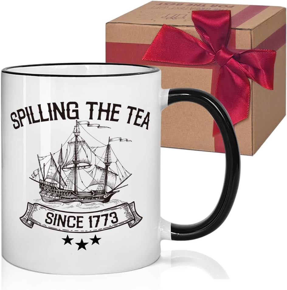 Taza de café con texto "Spilling the Tea Since 1773" para regalar a profesores