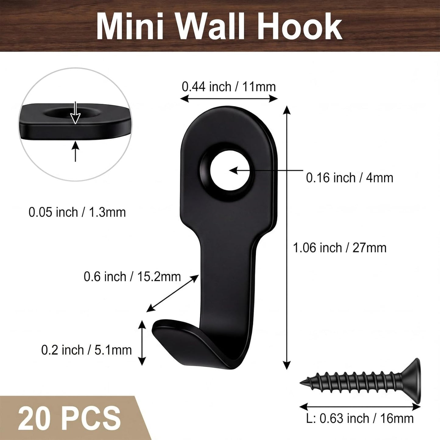 20 Pzas Gancho Metal Acero Inox Negro para Colgar Llaves Sombrero