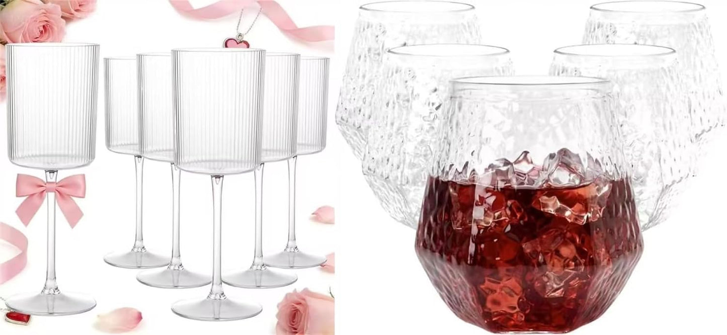12 copas de vino acanaladas de plástico y 30 copas de plástico de diamante