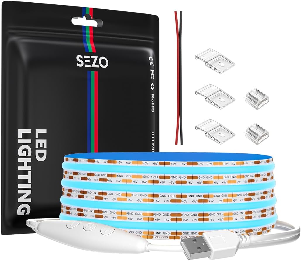 Tira LED COB USB 320LEDs 6.56pies luz azul flexible