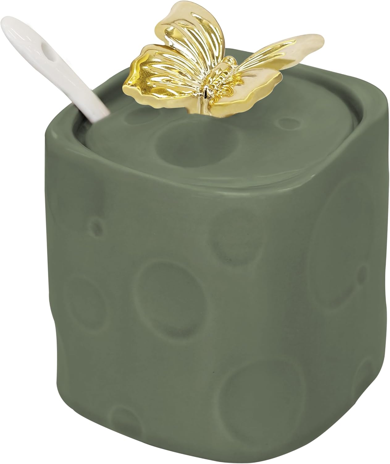 Recipiente de cerámica para azúcar con tapa y cuchara decorado en mariposa dorada 3D