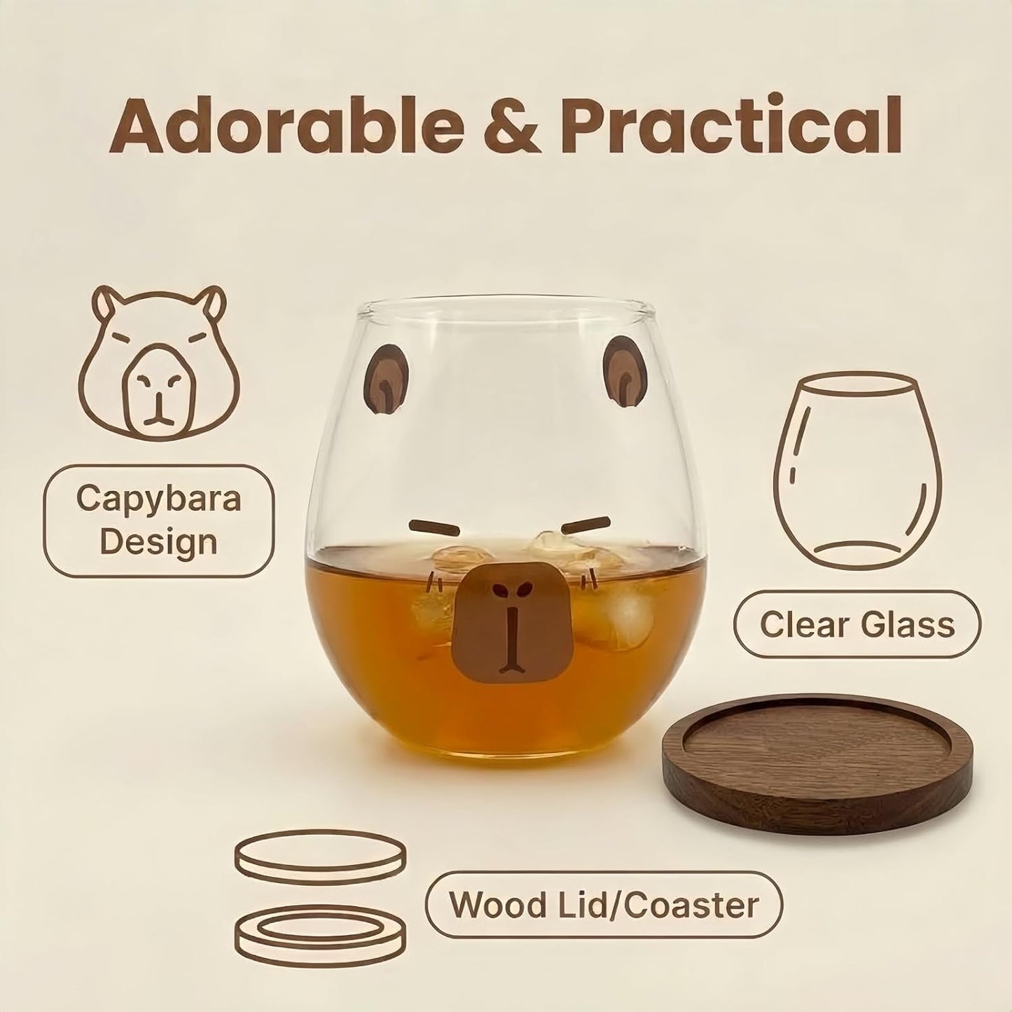 Vasos de cristal Capybara con tapa de madera para café, té y decoración