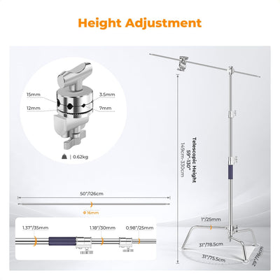 Soporte en C 10.8ft 330cm con bolsa arena y 2 cabezas acero inox