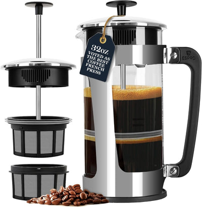 Cafetera de acero inoxidable French Press con filtro de 32 oz y sistema doble