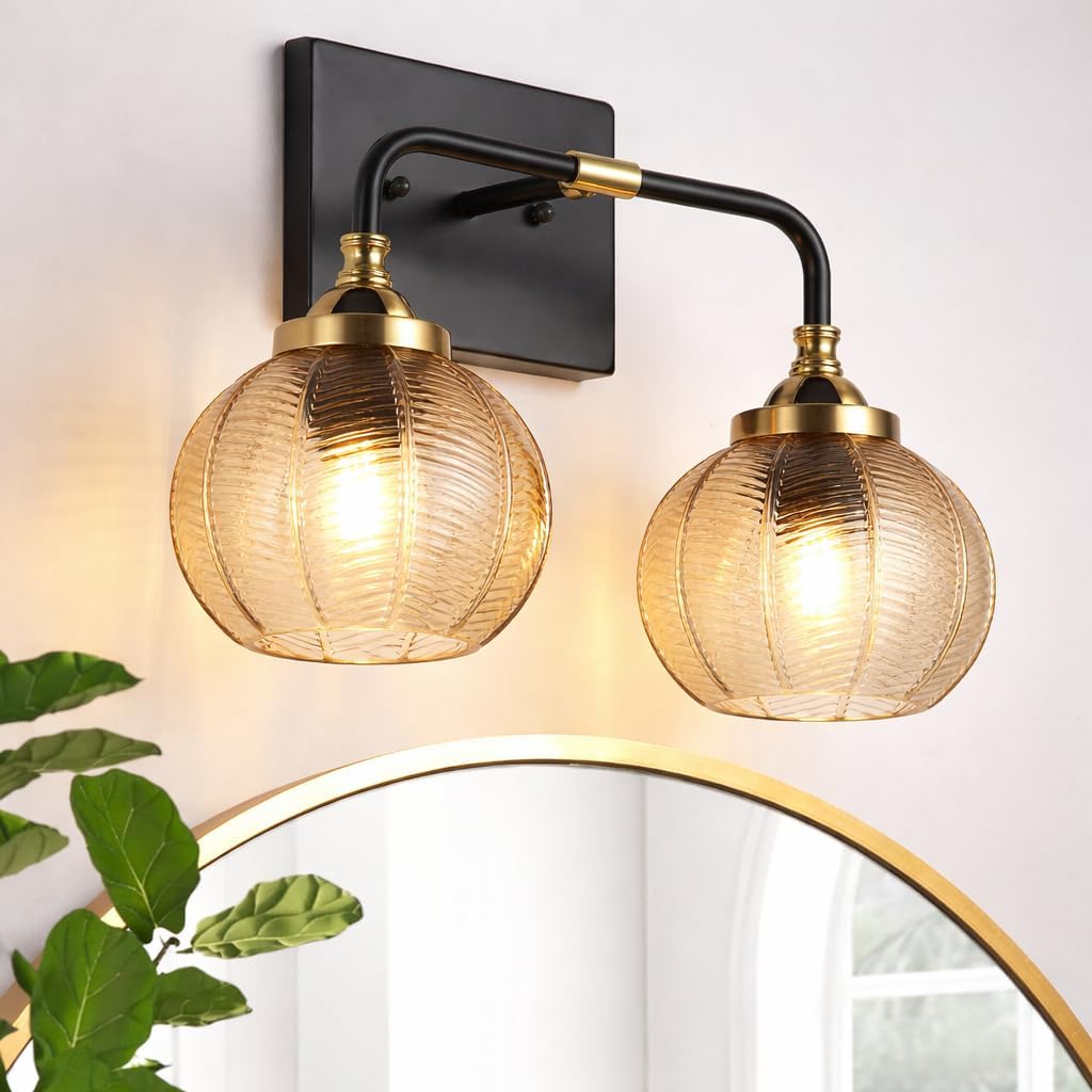 Lámpara baño 2 luces negra dorada sobre espejo vidrio ámbar