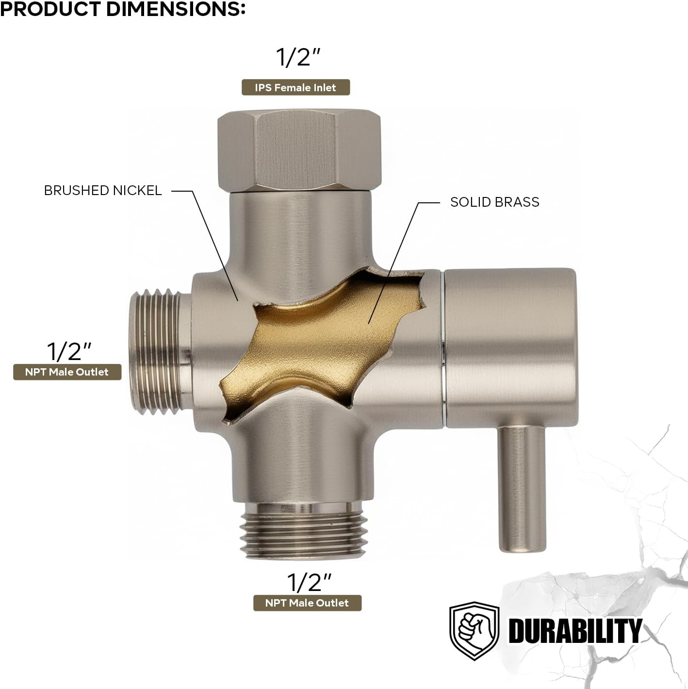 Brazo ducha diverter acero bronce níquel cepillado