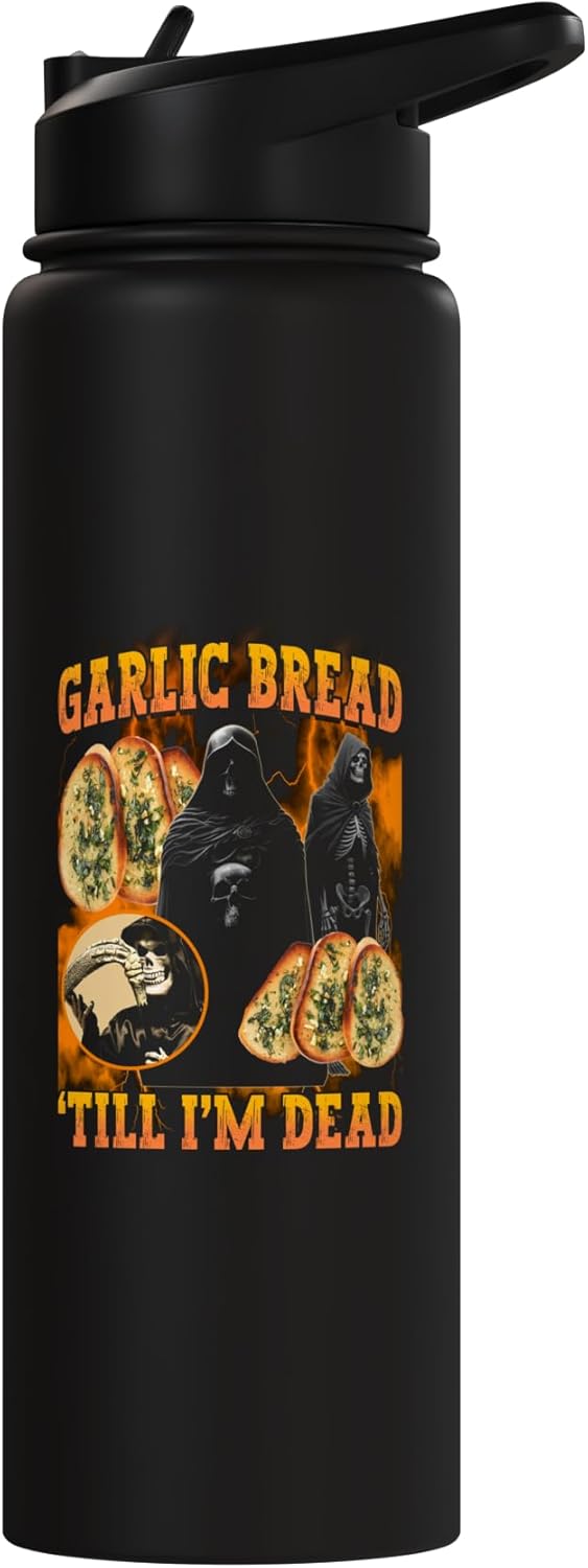 Botella de agua aislada de acero inoxidable con meme de esqueleto de pan de ajo