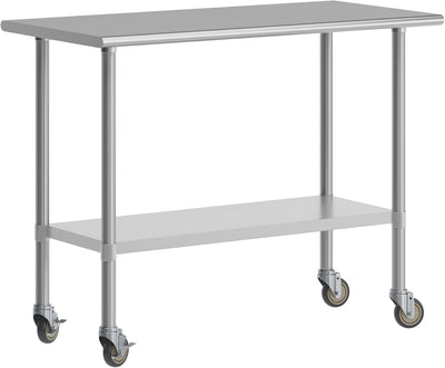 Mesa trabajo móvil acero inox NSF 24x48pulg con estante y ruedas