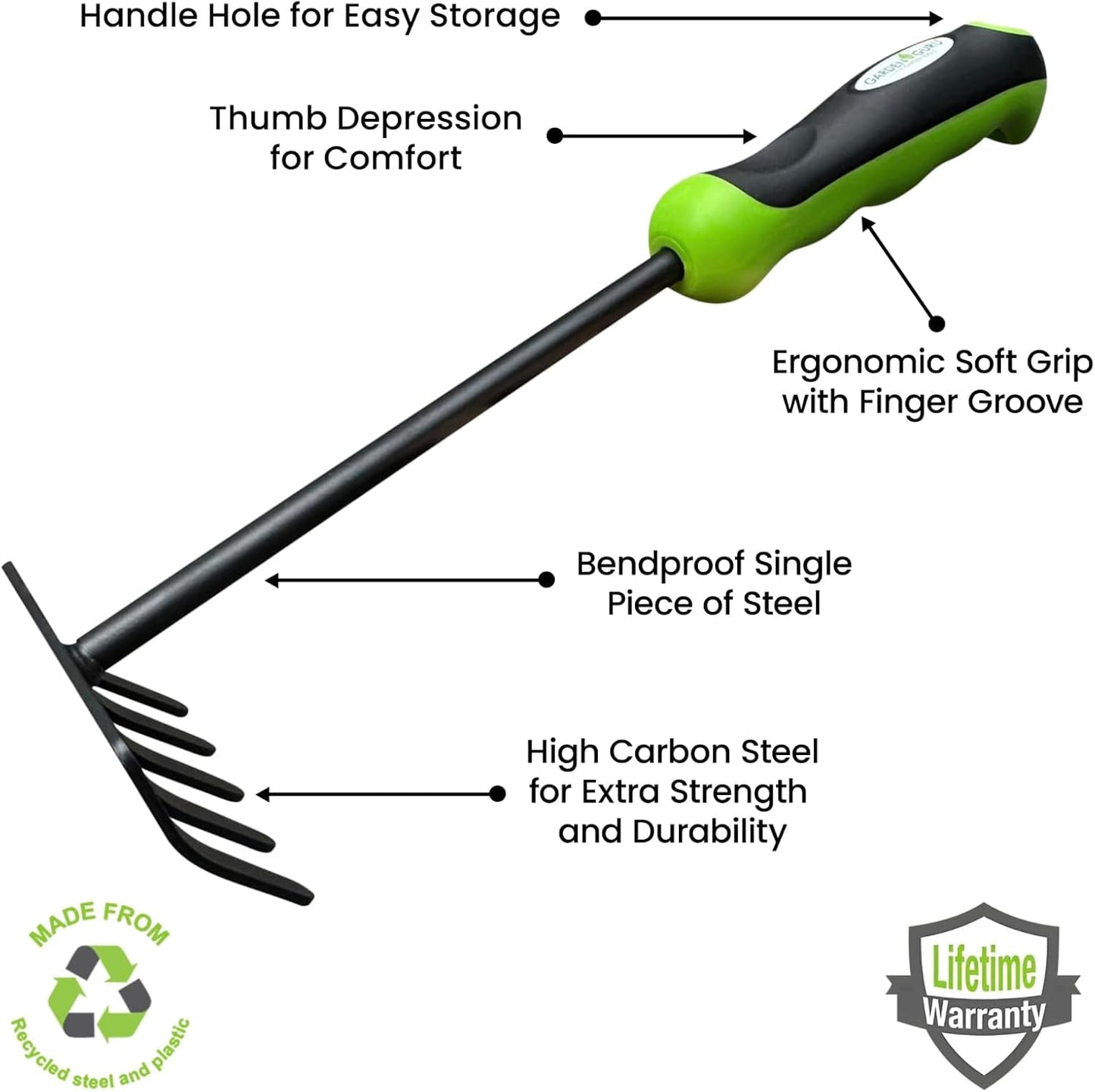 Herramienta rastrillo acero carbono mango ergonómico jardinería