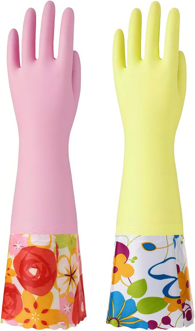 2 Pzas Guantes Goma Forro Algodón Puño 16pulg Amarillo Rosa