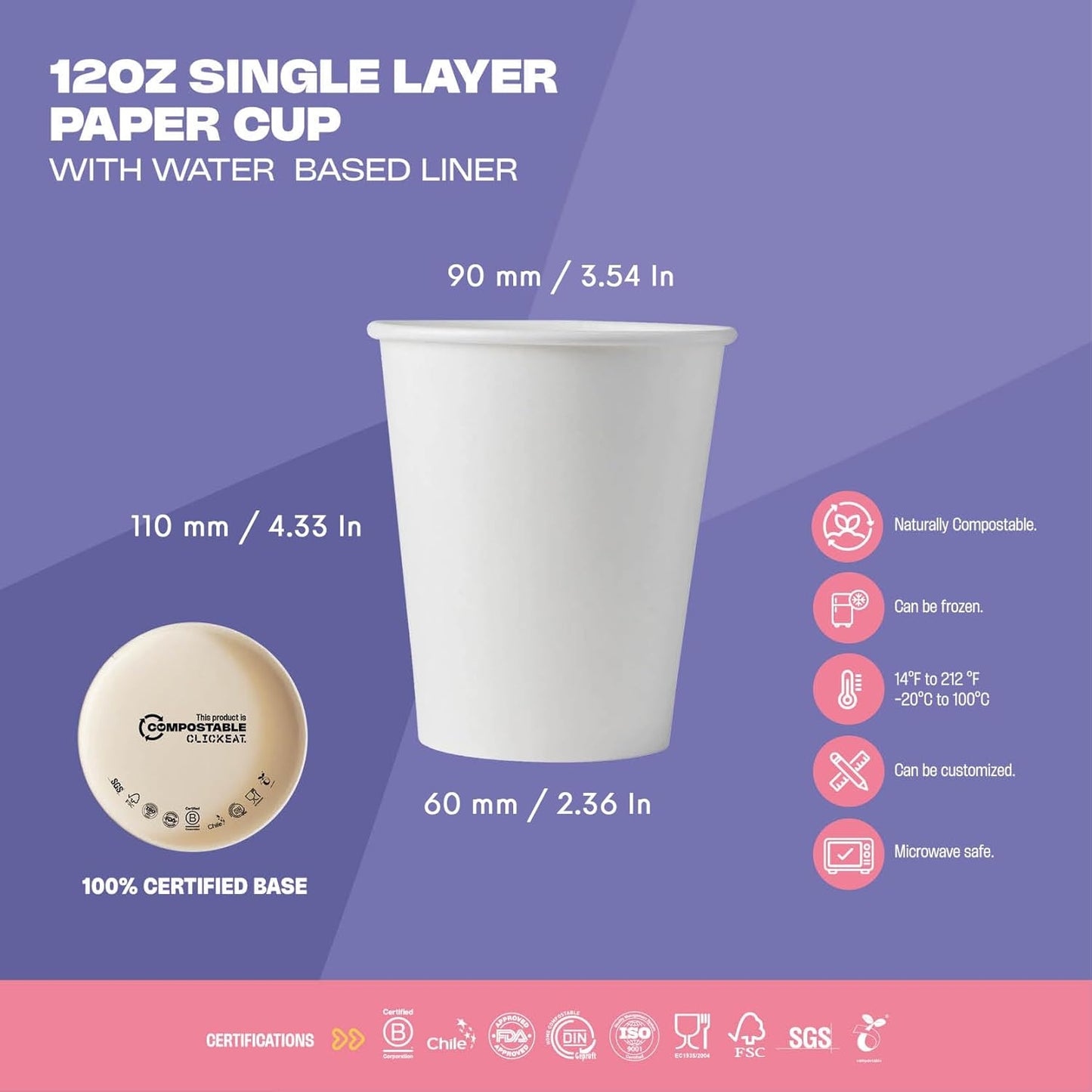 Taza papel capa simple 12oz blanca 90mm 1000uds certificada FSC