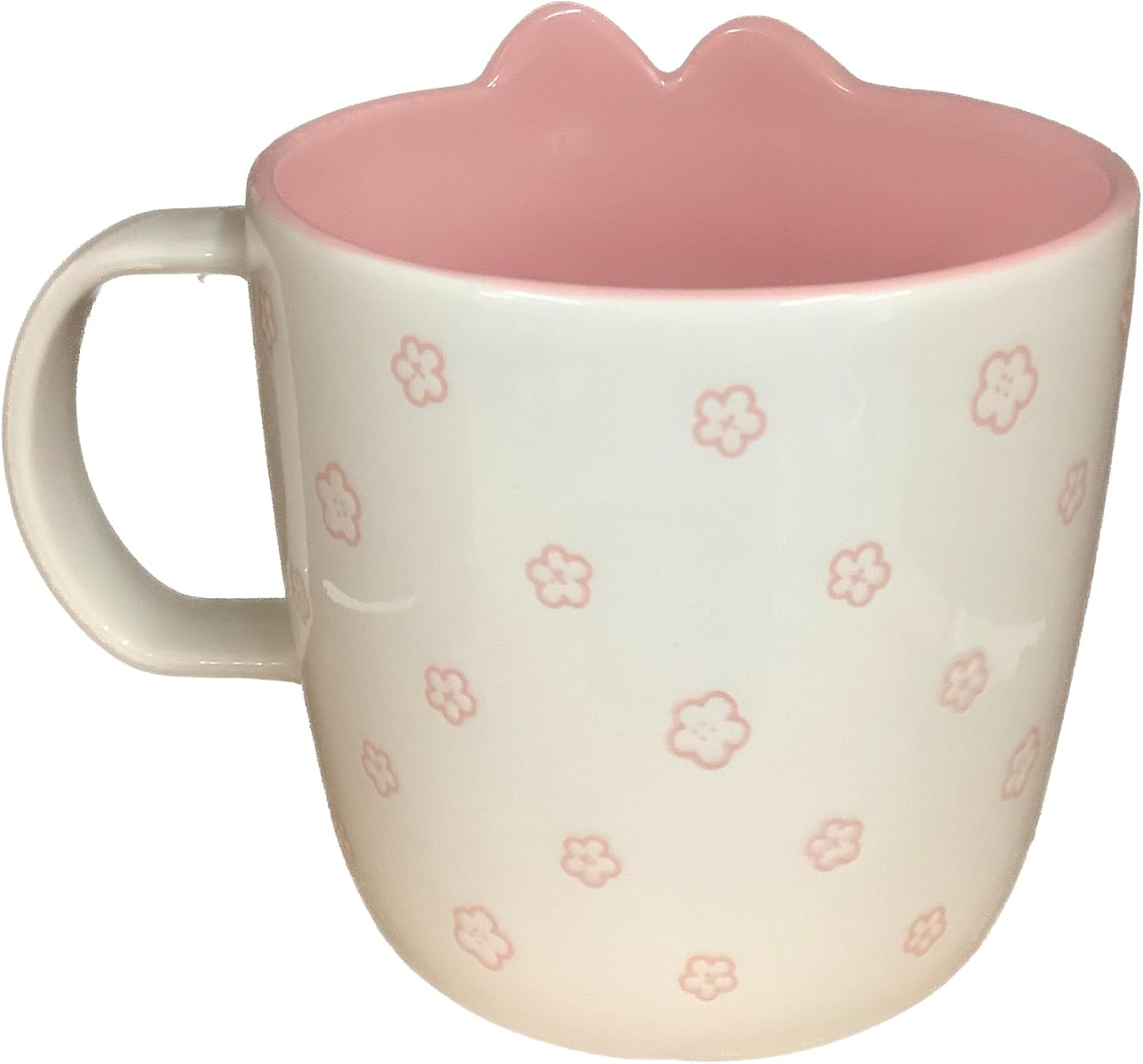 Taza de café con cara de Miffy blanca y rosa y garabatos de flores