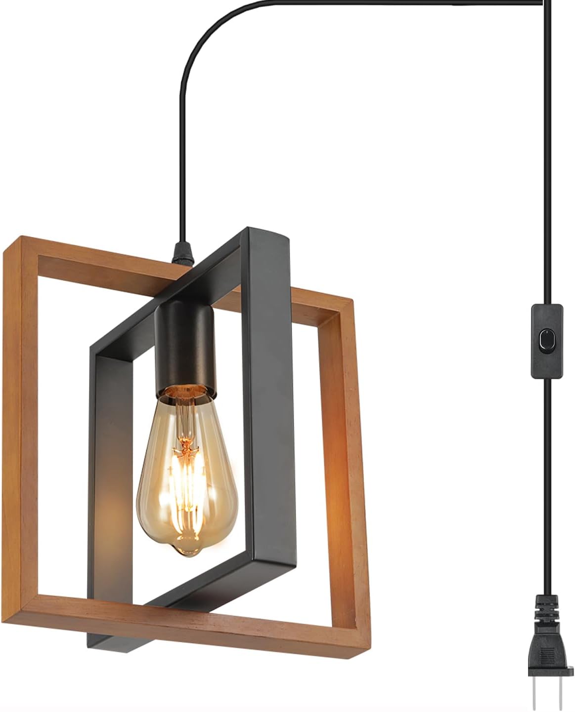 Lámpara colgante enchufable 16.4ft de madera y metal