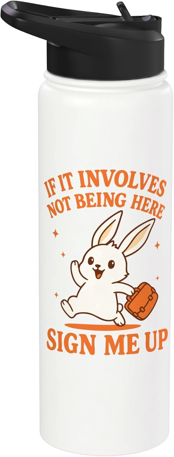 Botella agua acero inox aislada con frase conejo