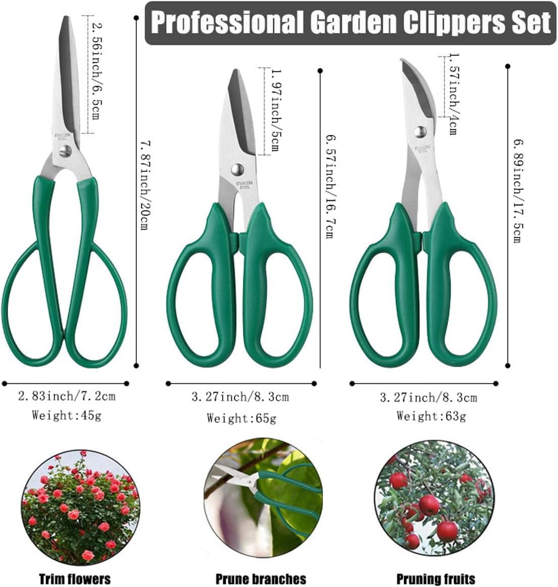 Set 3 Tijeras Podar Jardín Acero Inox Antiderrap