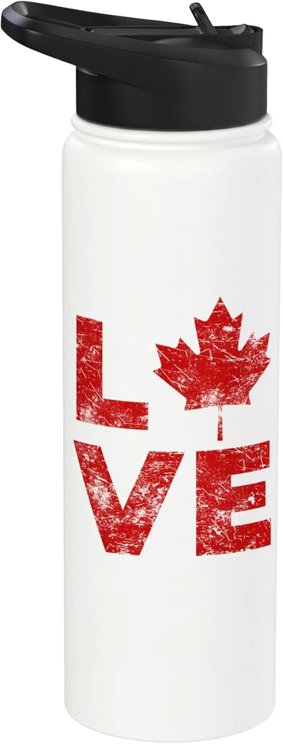 Botella de agua aislada retro con hoja de maple canadiense