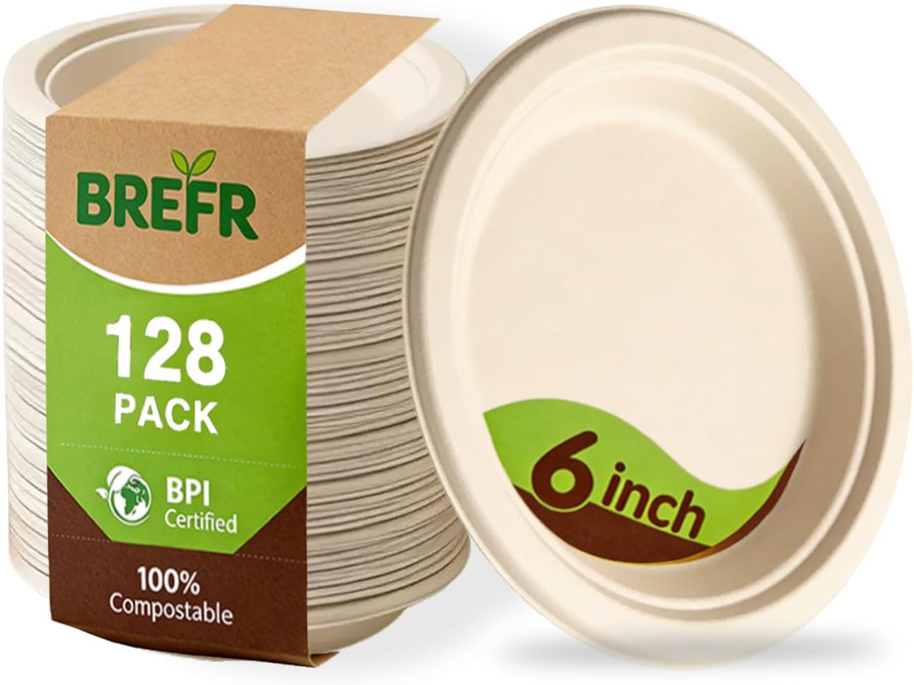 Paquete de 128 platos compostables de 6 pulgadas de caña de azúcar